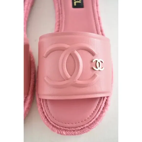 Chanel 23C Pink Lambskin Leather CC Logo Slide Sandal Slip Espadrille Flat 42 - Picture 10 of 15